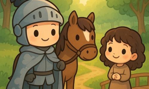 Un cavaliere con un viso sorridente, indossa un mantello grigio simile a nuvole invernali e un piccolo elmo con una piuma scura, si erge fiero accanto al suo cavallo. Il cavallo è un destriero paziente con una macchia bianca sulla fronte. Una bambina di 8 anni, con capelli ricci e un sorriso malizioso, sta accanto al cavaliere, guardandolo con ammirazione. Indossa abiti semplici e ha le guance leggermente arrossate dall'emozione. Sullo sfondo, un sentiero di foresta fiancheggiato da alberi verdi e un piccolo ponte di legno che attraversa un ruscello scintillante. Il cavaliere e la bambina stanno attraversando il ponte, avanzando con cautela. La scena è immersa in una luce soffusa di tardo pomeriggio, con raggi di sole che filtrano attraverso le foglie degli alberi.