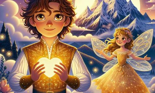 Un giovane principe di nome Elio, di circa 10 anni, si trova sulla cima della Montagna delle Stelle, con occhi brillanti come il cielo al crepuscolo. Ha capelli castani ondulati e indossa una tunica dorata decorata con motivi stellati, esprimendo coraggio e determinazione. Nelle sue mani tiene la Pietra del Cuore, che emette una dolce luce calda. Accanto a lui, una bella fata dai capelli dorati, di circa 8 anni, fluttua nell'aria. Indossa un abito scintillante fatto di petali di fiori e sorride benevolmente, incoraggiando Elio nella sua missione. Sullo sfondo, la Montagna delle Stelle si erge maestosamente, con cime innevate che brillano alla luce della luna. Nuvole leggere danzano attorno alle cime e stelle scintillanti illuminano il cielo notturno, creando un'atmosfera magica. La scena principale mostra Elio, determinato e coraggioso, pronto ad affrontare la Strega Ombra per salvare il suo regno, mentre la luce della Pietra del Cuore illumina il suo cammino, simboleggiando speranza e bontà.