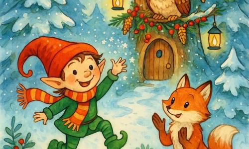 Un elfo natalizio dispettoso, piccolo con orecchie appuntite, volto malizioso e sorriso a lato, con berretto rosso troppo grande, stivaletti verdi e sciarpa a righe, salta lanciando una pioggia di minuscole palle di neve scintillanti; accanto a lui una giovane volpe rossiccia dal pelo soffice è seduta nella neve, meravigliata e applaudente, e un grande gufo saggio, dalle piume morbide, osserva sorridendo da un ramo della Casa‑Albero addobbato; topi e scoiattoli sbirciano tra le radure di muschio; la scena si svolge in una radura di pini innevati decorata con bacche rosse, pigne dorate e lanterne che diffondono una luce calda.