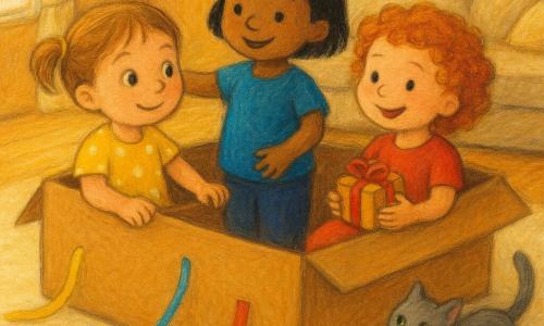Ci sono quattro personaggi: Mia, 3 anni, capelli castano chiaro raccolti, occhi rotondi, vestitino giallo a pois bianchi, seduta in una grande scatola trasformata in 
