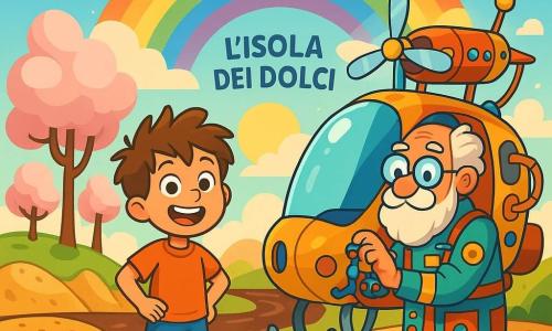 Un ragazzo di 8 anni, Marco, con i capelli castani disordinati e occhi pieni di curiosità, è in piedi su una collina di biscotti, con un ampio sorriso sul volto, meravigliato dal paesaggio dolce che lo circonda. Accanto a lui, il Professor Stravagante, un uomo anziano con una barba bianca e occhiali rotondi, indossa una tuta colorata piena di gadget strani e regola i comandi della sua macchina volante sullo sfondo. L'Isola dei Dolci è un luogo magico, con colline di biscotti croccanti, fiumi di cioccolato che scintillano sotto il sole e alberi di marshmallow che ondeggiano dolcemente nel vento. La scena principale mostra Marco e il Professor Stravagante pronti a decollare nella macchina volante, circondati da nuvole di zucchero filato e un arcobaleno brillante, mentre si preparano a vivere un'avventura incredibile in questo mondo delizioso.