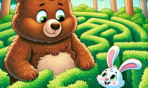Un grande orso bruno, con un pelo morbido e setoso, si trova al centro di un labirinto di cespugli verdi e folti, con un'espressione sia curiosa che determinata, scrutando i sentieri che ha di fronte. Accanto a lui, un piccolo coniglio con grandi orecchie bianche e occhi scintillanti di malizia, sorride incoraggiandolo, saltellando gioiosamente sulle zampe posteriori. Il labirinto è circondato da alberi maestosi, le cui foglie brillano alla luce del sole, creando un'atmosfera incantata e misteriosa. L'orso, in cerca di uscita, si piega verso una piccola apertura, pronto a scoprire cosa si nasconde oltre i cespugli.