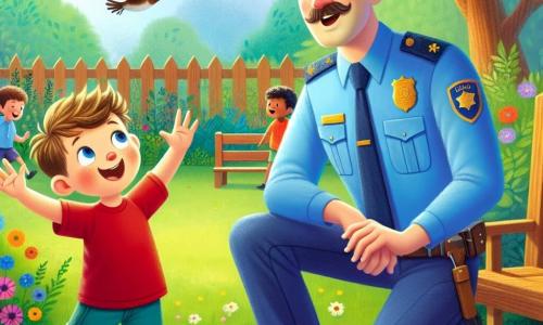 Un policía sonriente, un hombre de unos treinta años, con un bigote bien recortado y un uniforme azul brillante, se inclina ligeramente hacia adelante, con las manos en las rodillas, mostrando una mirada amigable y acogedora. A su lado, un niño de cuatro años, Lucas, con el pelo castaño desordenado y una camiseta roja, levanta los brazos al aire con entusiasmo, mostrando su emoción por ser el 