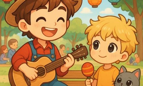 Marco, un musicista allegro, suona la chitarra con un ampio sorriso. Ha i capelli castani arruffati e indossa un cappello di paglia. Accanto a lui, un ragazzo di 7 anni con capelli biondi spettinati tiene una maracas e lo guarda con ammirazione. Un gatto grigio dagli occhi scintillanti è seduto su una panchina accanto a loro, osservando la scena. La scena si svolge in una piazza animata, con lampioni colorati sospesi sopra e famiglie sedute su coperte. Alberi verdi circondano la piazza, creando un'atmosfera calda e festosa. Marco e il ragazzo suonano insieme, creando un'atmosfera di gioia e complicità musicale.