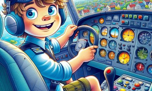 Ein lächelnder und begeisterter Pilot namens Max sitzt im Cockpit seines kleinen Flugzeugs. Er hat zerzauste braune Haare, ein blaues Hemd und eine Pilotenmütze. Seine Augen strahlen vor Aufregung, während er durch das Fenster schaut, bereit zum Abheben in neue Abenteuer. Neben ihm sitzt ein 8-jähriger Junge namens Lucas mit einer roten Mütze und einer Brille, der fasziniert die Instrumente im Cockpit beobachtet. Er sitzt auf dem Passagiersitz, die Hände auf den Knien und die Augen weit aufgerissen vor Neugier. Das Cockpit ist voller bunter Knöpfe und glänzender Instrumente, mit einem großen Fenster, das auf einen blauen Himmel mit flauschigen weißen Wolken blickt. Unten ist die Stadt Wolkenstadt mit ihren bunten Häusern und lebhaften Straßen zu sehen. Die Hauptsituation zeigt Max und Lucas, die sich zum Abheben vorbereiten, Max sicher das Steuer haltend, während Lucas aufgeregt auf die Wolken durch das Fenster zeigt, bereit, die Welt von oben zu entdecken.