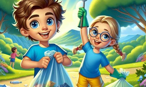 A 10-year-old boy, Max, with messy brown hair and sparkling curious eyes, joyfully smiles while holding a trash bag full of waste. He wears a bright blue t-shirt and yellow shorts, with his arms raised in victory. Next to him, a 10-year-old girl, Lily, with braided blonde hair and round glasses, picks up litter with a green glove, her face beaming with enthusiasm. The scene takes place in a green park, with majestic trees, colorful flowers, and a bright blue sky. Pieces of plastic and paper litter the ground, but sunlight brightens the landscape, creating an atmosphere of hope. The main situation shows Max and Lily cleaning the park, surrounded by their peers who are busy picking up trash, all united to revitalize their environment.