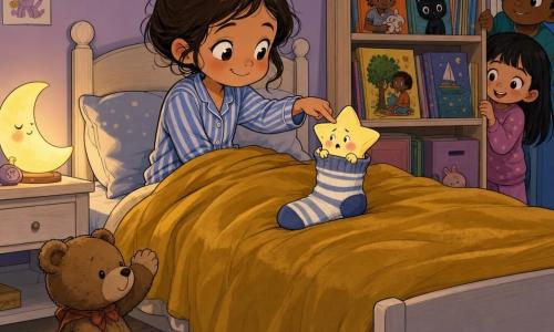 A 6-year-old girl with a round face, rosy cheeks and a mischievous smile in blue-and-white striped pajamas sits on her bed with a mustard velvet blanket to her waist, gently reaching to help a tiny pale-yellow star-shaped character with pink cheeks and small arms stuck in a striped sock; a slightly rumpled brown teddy at the foot of the bed raises a paw as if to applaud. The cozy lavender room has cloud stickers, a light-wood shelf of books, a moon-shaped bedside lamp casting soft light and a star-shaped rug under the bed. The scene is tender and amused, warm-toned with crisp outlines, composition centered on the bed and the girl-star duo.