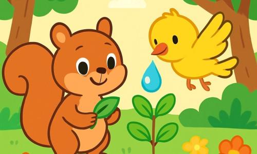 O veveriță mică pe nume Mimi, cu blană maro și ochi strălucitori de curiozitate, stă în picioare pe picioarele din spate, ținând o frunză verde în labele din față, cu un zâmbet vesel pe față. Lângă ea, o vrabie pe nume Piu, cu pene galbene strălucitoare și un aer jucăuș, zboară ușor deasupra solului, ținând o picătură de apă în cioc, pregătită să ude un copăcel mic. Decorul este o pădure luminoasă, plină de arbori mari cu trunchiuri robuste, frunze verzi vibrante și flori colorate care dansează în vânt. Solul este presărat cu frunze aurii și pietricele strălucitoare. Mimi și Piu lucrează împreună pentru a uda o sămânță mică plantată în pământ, înconjurată de flori vesele, arătându-și determinarea de a ajuta natura să crească și să prospere.