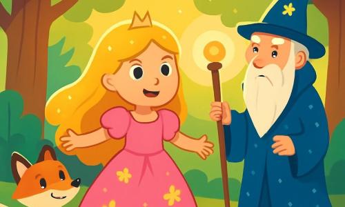 Die Prinzessin Lila, ein etwa 10-jähriges Mädchen, hat langes, goldenes Haar, das in der Sonne glänzt. Sie trägt ein rosa Kleid, das mit funkelnden Blumen verziert ist, und zeigt ein entschlossenes Lächeln. Sie steht im Mittelpunkt der Szene, die Arme geöffnet, als wolle sie die Welt willkommen heißen. Neben ihr sitzt Felix, ein kleiner, schlauer Fuchs mit leuchtend orangefarbenem Fell und schelmischen Augen. Er schaut die Prinzessin bewundernd an, bereit, ihr bei ihrem Abenteuer zu helfen. Im Hintergrund befindet sich eine wunderschöne Lichtung im großen, geheimnisvollen Wald. Majestätische Bäume mit dicken Stämmen umgeben den Raum, ihre Blätter glänzen in leuchtenden Grüntönen und Gold. Bunte Blumen bedecken den Boden, und ein sanfter Sonnenstrahl filtert durch die Äste und schafft eine magische Atmosphäre. Die Hauptsituation zeigt Lila und Felix, die mit einem großen Zauberer im langen, funkelnden Mantel sprechen, der abseits steht und von ihrem Vorschlag fasziniert ist. Lila, voller Mut, erklärt, wie sie den Wald retten können, während sie den Traum des Zauberers verwirklichen, sein eigenes Zuhause zu bauen.