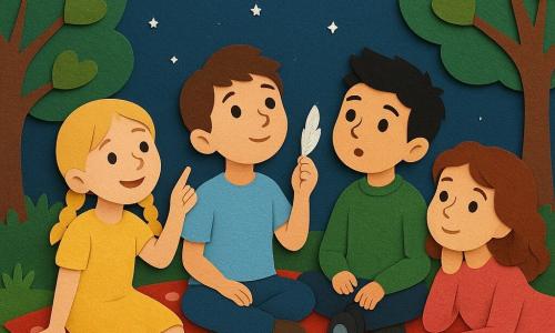 Ci sono quattro bambini: Luca, circa 9 anni, capelli castani corti, maglietta azzurra e jeans, seduto al centro su una coperta rossa a pois, guarda il cielo tenendo una piccola piuma; Sara, circa 9 anni, capelli biondi a due trecce, vestito giallo, seduta a sinistra di Luca, sorride e indica una stella brillante; Marco, circa 9 anni, capelli neri a spazzola, felpa verde, seduto a destra di Luca a gambe incrociate, ascolta attentamente con una piccola torcia spenta accanto; Giulia, circa 8 anni, capelli castano ondulati, maglione rosa, sdraiata leggermente dietro Luca, appoggiata su un gomito e lo guarda con sostegno. Luogo: giardino serale in stile carta ritagliata con prato verde testurizzato, alberi con foglie a cuore, fiori stilizzati arancioni e viola, coperta rossa sull'erba e cielo blu notte punteggiato di stelle con una stella molto luminosa sopra il gruppo. Situazione: i quattro amici sono riuniti sotto le stelle per consolarsi; atmosfera dolce, luminosa e rassicurante con toni caldi e contrasti netti tipici del paper cut.