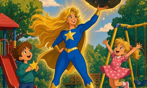 Una supereroina sorridente e coraggiosa con lunghi capelli dorati al vento, costume blu brillante con grande stella dorata sul petto, solleva un grosso masso grigio davanti all'ingresso del parco; scintille dorate lo circondano. Un bambino di circa 6 anni con capelli castani spettinati tiene una piccola stella di carta vicino allo scivolo a sinistra; una bambina di circa 5 anni in vestitino rosa a pois salta di gioia verso le altalene a destra. Parco giochi colorato e accogliente: pavimento verde, scivolo rosso, altalene gialle, panchina di legno, alberi dalle chiome tonde e cielo azzurro con qualche nuvola; luce calda del tardo pomeriggio, ombre morbide, palette saturata e contorni netti in stile cartone animato anni '90; atmosfera gioiosa e rassicurante, composizione centrata sulla supereroina e i bambini ammirati.