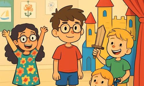 There are 4 children: Jake, a 10-year-old boy with messy brown hair and glasses, wearing a red t-shirt and blue shorts, stands in the center, slightly hesitant but smiling with determination. Maya, a 10-year-old girl with purple glasses and long curly hair, is to the left of Jake in a colorful floral dress, raising her arms enthusiastically to encourage him. Ethan, a 10-year-old boy with blonde hair and freckles, is to the right of Jake in a green t-shirt and beige pants, holding a cardboard sword and smiling broadly. Sophie, a 10-year-old girl with short straight hair, is sitting in a wheelchair decorated with colorful stickers behind Jake, narrating the story with a joyful and confident expression. The setting is a performance stage in a large classroom, adorned with colorful garlands and children's drawings on the walls, with a large red curtain drawn aside revealing a brightly colored cardboard castle backdrop. The main scene shows the children in a performance, with Jake speaking determinedly at the center while his friends cheer him on. The atmosphere is joyful and energetic, filled with laughter and applause.