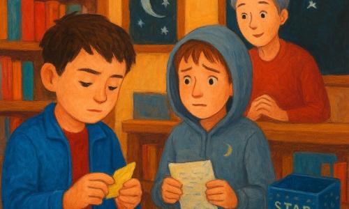 A boy (Jules), focused and calm face, short brown hair, light blue jacket, delicately holds a torn small yellow card in one hand and rubs a strip of paper with the other, soft light on his face; another boy (Finn, about 11), guilty but relieved expression, gray hood with a small embroidered moon, holds a note written in blue ink and looks toward Jules, standing by a shelf; a woman (Mrs. Lark, librarian, ~40), kindly surprised, gray hair in a bun, stands behind a wooden counter with hands clasped watching the scene. The setting is a small cozy library with wooden shelves of colorful books, a blackboard with a moon and small stars drawn in blue and white chalk, a display marked STAR MAPS with its box slightly open, a few yellow paper crumbs and chalk dust on a light table. Main moment: quiet discovery—letters appearing on the paper strip under warm light as Jules reveals them while Finn timidly confesses; tender, mildly dramatic atmosphere, warm colors, visible paint textures and clear details on the yellow card, blue chalk, and starry card box. Style: children's acrylic painting, soft strokes, saturated contrasting colors, clear readable expressions.