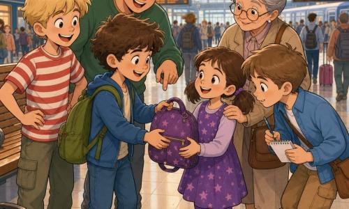 Six characters in a busy train station grand hall with shiny tiled floors, wooden benches, a large round clock, orange-and-black signs and scattered suitcases: Jamie, ~10, curly brown hair, bright eyes, green backpack, slightly forward handing a purple bag to Lily; Leo, ~10, short blond hair, mischievous smile, red-and-white striped T‑shirt, standing left of Jamie with hands on hips, laughing; Ethan, ~10, light brown hair, blue shirt, holding a notebook and pen, to Jamie’s right leaning in curiously; Max, ~11, tall and stocky, short black hair, green sweatshirt, behind Jamie pointing at the found bag; Lily, ~7, brown hair in pigtails, purple star dress, center facing Jamie, holding the purple bag with both hands and beaming; and their grandmother, ~65, gray hair in a bun, beige coat and round glasses, standing behind Lily with a tender hand on her shoulder. The children have just found a lost bag; Jamie returns it to Lily, others show surprise and joy, warm pastel colors and golden morning light convey cooperation and the solving of a small mystery.