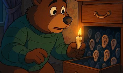 A large anthropomorphic bear named Bram with soft brown fur and hazel eyes, wearing a worn green-striped sweater, kneels before an old varnished wooden dresser with one paw on a brass crescent handle and the other holding a trembling candle that lights his face; the slightly open middle drawer reveals a narrow dark corridor lined with hundreds of small pale ears stuck to the walls like shiny porcelain, still and attentive; a small bell on the drawer handle hangs from a string tied to a left bedpost, slightly crumpled as if it just rang; the room is warm at the center and cold at the edges with brown plank floors, faded floral wallpaper, heavy partially drawn curtains and long sharp candle shadows; Bram speaks softly to the open drawer, golden light emphasizing his worried but kind features while the ear-lined corridor is dense, slightly damp and bluish; graphic style: saturated colors with subdued shadows, sharp 90s cartoon outlines, visible wood and fur textures, and contrast lighting for a mysterious yet tender mood.