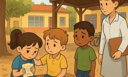 A 6-year-old girl, Maya, looking sad but bravely fragile, brown hair in pigtails, blue dress and red shoes, sits on a low wall holding a crumpled dusty drawing to her chest; about 7-year-old Jonah, slightly guilty and embarrassed in a green T-shirt, stands a few steps away with hands behind his back, realizing he was wrong; 6-year-old Tom, gentle and protective in a yellow polo, sits beside Maya with a comforting hand on her shoulder, looking toward her supportively; Miss Lila, a 30ish teacher with her hair tied and a light smock, approaches from the art room with a calm attentive face holding a folder or pencils; setting: sheltered corner of the school yard under a small bike awning, dirt ground with sunlit leaves, low bench, scattered chalk and papers, colorful school buildings in the background; scene: a gentle confrontation—Maya’s drawing tossed in the dust, Jonah ashamed, Tom comforting, Miss Lila arriving to listen and resolve, warm colors, soft rounded strokes, composition focused on faces and Tom’s protective hand.