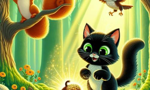 A black cat named Oliver, with sparkling green eyes full of wonder, stands at the center of the scene, its delicate paws resting on a lush moss carpet. It curiously gazes at a shimmering golden acorn, its expression a mix of surprise and joy. Beside it, a playful squirrel with brown fur and a bushy tail jumps around, its tiny paws raised as if encouraging Oliver to touch the acorn. A wise owl perched on a branch above watches the scene with golden eyes, ready to share its wisdom. The setting is in the heart of an enchanted forest, where majestic trees with shiny leaves form a green canopy, and colorful flowers dance in the gentle breeze. Sun rays filter through the branches, creating a play of shadows and light on the ground. Oliver, the curious cat, discovers a magical acorn sparkling in the sunlight, while the squirrel and the owl encourage him to explore the wonders of the enchanted forest.