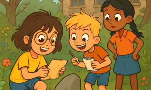 A 10-year-old girl, Lucy, with messy brown hair and round glasses, is crouched near a twisted stone, her face lit up with excitement and curiosity. She wears a bright yellow t-shirt and denim shorts, holding an old piece of paper in her hands, her eyes sparkling with discovery. Next to her, Tommy, a 10-year-old boy with messy blonde hair and a big smile, is frantically jotting notes in his notebook, standing on tiptoe to see better. Mia, a 10-year-old girl with braided black hair, is observing carefully around them, hands on her hips, ready to uncover more clues. Their environment is the wild garden of the old Willowby house, with colorful wildflowers, brambles, and gnarled trees, while the dilapidated facade of the house looms in the background, with dusty windows and creaking wooden shutters. The main scene shows Lucy discovering a mysterious clue, an old piece of paper, while her friends gather around, captivated by the idea of a treasure hunt in their neighborhood.