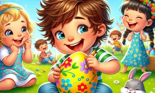 Un bambino di 4 anni di nome Luca, con capelli castani disordinati e occhi scintillanti di gioia, è seduto sull'erba verde, tenendo un grande uovo di Pasqua giallo che ha appena dipinto. Sorride ampiamente, con le guance rosa che tradiscono la sua eccitazione. Accanto a lui, la sua migliore amica Anna, una bambina di 4 anni con lunghi capelli biondi intrecciati e un vestito a fiori colorati, sta dipingendo un uovo blu con motivi floreali. Marco, un bambino di 4 anni con capelli neri e un cappellino rosso, si trova un po' in disparte, ridendo mentre tiene un uovo decorato con un grande sorriso malizioso. La scena si svolge in un cortile scolastico soleggiato, circondato da fiori vivaci e decorazioni pasquali, con ghirlande dai colori vivaci appese agli alberi. Sullo sfondo, i bambini giocano e ridono, creando un'atmosfera festosa. La situazione principale mostra Luca e i suoi amici mentre decorano uova di Pasqua, pieni di gioia e creatività, mentre preparano una sorpresa divertente per la festa.