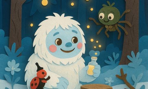 Een klein, rond en donzig Yeti­tje, vrolijk en een beetje verlegen, met crèmewitte vacht met blauwe glans, grote hazelnootkleurige ogen en roze wangen houdt een piepklein flesje terwijl het glimlacht naar dansende lichtbolletjes; een minuscule rode tovenaarskever met zwarte stippen zit op de dop, vleugels opgevouwen en applaudisseert, en een klein spinnetje in moskostuum met een korstmossenstropdas springt blij verrast vanaf een tak aan de rechterkant. De scene speelt zich af in een met fonkelende sneeuw bedekte open plek in het Wazig Woud met kreukelpapierachtige boomstammen, ijsbloemen die metallic glanzen en een wiebelig houten tafeltje versierd met uitgestanste sneeuwvlokken; de Yeti knielt bij het tafeltje en proeft een minuscule toverdrank terwijl lichtbolletjes rond paraderen en de dieren en planten hem warm, speels en vol verwondering omringen.