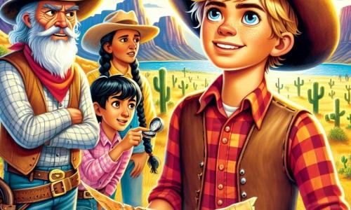 Cowboy Billy McGraw, mężczyzna o opalonej twarzy i błyszczących oczach determinacji, stoi na wzgórzu, jego kapelusz cowboyski jest przechylony na bok. Ma na sobie czerwoną koszulę w kratę i skórzaną kamizelkę, a jego wyraz twarzy jest zarówno odważny, jak i entuzjastyczny. Obok niego Jack, starszy mężczyzna z długą białą brodą i zużytym kapeluszem, bada starą mapę z skoncentrowanym spojrzeniem, podczas gdy Diego, młody Meksykanin z czarnymi włosami i żywymi oczami, klęczy obok niego, trzymając kompas i uśmiechając się z niecierpliwością. Annie, dziewczyna z warkoczami blond włosów, stoi nieco z tyłu, z założonymi rękami, z wyrazem ciekawości na twarzy. Krajobraz to rozległa, złota równina, usiana kaktusami i skałami, z majestatycznymi górami w tle pod jasnoniebieskim niebem. Główna sytuacja przedstawia Billy'ego i jego przyjaciół dyskutujących o najlepszej drodze do tajemniczego strumienia złota, otoczonych atmosferą przygody i ekscytacji.