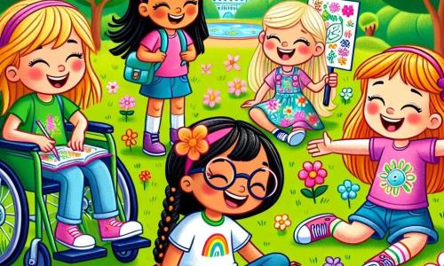 No centro da imagem, quatro meninas estão alegres em um parque ensolarado. Mia, uma menina de 10 anos com cabelos castanhos e óculos, sorri segurando um caderno de desenho em uma mão e um lápis na outra, sentada na grama entre flores coloridas. Lila, de 9 anos com cabelos loiros e tranças, está de pé ao lado de Mia, com os braços cruzados e um olhar curioso, vestindo uma camiseta verde e um short jeans. Ana, de 10 anos com cabelos negros e franja, está em sua cadeira de rodas, sorrindo, usando uma camiseta rosa e calças azuis, segurando um cartaz com a palavra "Ecologia" escrita em letras coloridas. Tati, de 9 anos com cabelos ruivos e óculos de sol, dança alegremente ao lado de Ana, vestindo um vestido florido. O parque é verde, com árvores majestosas, flores vibrantes e um céu azul claro. As meninas estão recolhendo lixo no parque, com sacos de lixo aos pés, rindo e conversando sobre a importância de proteger a natureza.