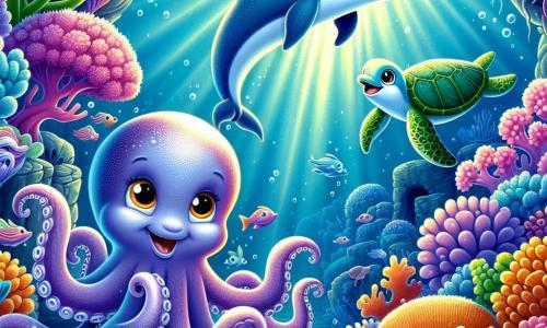 Een jonge octopus met vibrerende armen en heldere kleuren, Ollie, toont een uitdrukking van opwinding en nieuwsgierigheid op zijn gezicht. Zijn ogen stralen van anticipatie terwijl hij een mysterieuze onderwater doorgang verkent, omringd door kleurrijke koralen. Naast hem zwemt een gracieuze dolfijn genaamd Luna, met een gladde, zilveren huid, vrolijk, haar stralende glimlach getuigt van enthousiasme. Ze maakt sierlijke sprongen in het water, verlicht door stralen licht die door het oppervlak filteren. Hun vriend Timo, een zeeschildpad met een groene, getextureerde schaal, volgt hen van dichtbij, met een uitdrukking van verwondering. Hij beweegt langzaam, terwijl hij de onderwaterwonderen met ronde, nieuwsgierige ogen observeert. De achtergrond is een prachtig koraalrif, vol met koralen in levendige tinten van roze, oranje en paars, met kleurrijke vissen die om hen heen zwemmen. Algen golven zachtjes in het water, wat een magische en betoverende sfeer creëert. De hoofdscène toont Ollie, Luna en Timo die zich naderen tot een mysterieuze donkere ingang, verborgen achter algen, vol opwinding en angst, klaar om de geheimen van de oceanen te ontdekken.