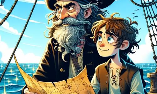 De hoofdpersoon, een man van ongeveer 60 jaar, is Kapitein Hendrik. Hij heeft een lange grijze baard, een versleten piratenhoed en een vastberaden blik, terwijl hij een oude kaart in zijn handen houdt en met een uitdrukking van opwinding en nostalgie naar de horizon kijkt. Naast hem staat een jonge jongen van ongeveer 12 jaar, de boodschapper, met rommelig bruin haar en een eenvoudige shirt. Hij kijkt met bewondering naar Hendrik, terwijl hij een piratenvlag in zijn hand vasthoudt, klaar om hem te helpen in dit avontuur. De scène speelt zich af op het dek van een oud piratenschip, met zwarte zeilen die in de wind wapperen, verwarde touwen en een blauwe lucht met witte wolken. Op de achtergrond zie je de uitgestrektheid van de oceaan, met glinsterende golven onder de zon. De belangrijkste situatie toont Hendrik en de jonge boodschapper die een mysterieuze schatkaart ontdekken, omgeven door een sfeer van avontuur en mysterie, klaar om aan een nieuwe spannende zoektocht te beginnen.