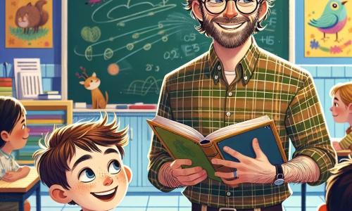 Ein Lehrer, ein etwa dreißigjähriger Mann mit zerzausten braunen Haaren und runden Brillen, lächelt herzlich vor einer großen, bunten Tafel in einem hellen Klassenzimmer. Er trägt ein kariertes Hemd und beige Hosen und hält ein offenes Buch in den Händen, bereit, eine fesselnde Geschichte mit seinen Schülern zu teilen. Neben ihm sitzt ein 8-jähriger Junge namens Tim mit einer Strähne brauner Haare auf der Stirn, der mit leuchtenden Augen voller Aufregung zuschaut. Er sitzt auf einem kleinen Holzstuhl, die Hände auf den Knien, gespannt darauf, seinen Traum, Astronaut zu werden, zu teilen. Das Klassenzimmer ist mit bunten Dekorationen gefüllt: Tierplakate, Zeichnungen von Sternen und Wolken sowie Holztische, an denen andere Kinder sitzen und aufmerksam zuhören. Die Hauptsituation zeigt den Lehrer und Tim, die über die Bedeutung von Träumen und Bildung diskutieren, umgeben von ihren Mitschülern, die alle von der Idee fasziniert sind, die Welt durch ihre Geschichten zu entdecken.