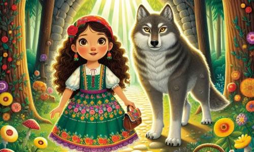 Una niña de 12 años, llamada Lucía, se encuentra valientemente frente a la entrada de una cueva oscura, con sus grandes ojos marrones brillando de emoción y curiosidad. Tiene el cabello largo y rizado, viste un vestido colorido con motivos florales y lleva una pequeña mochila llena de galletas. A su lado, un gran lobo de pelaje grisáceo, con ojos dorados y un aire sabio, la observa con benevolencia, listo para compartir sus historias. El lobo se mantiene ligeramente en segundo plano, mostrando que está ahí para proteger a Lucía. El escenario es un bosque encantado, con árboles majestuosos y hojas de un verde brillante, mientras que rayos de luz filtran a través del follaje, iluminando la entrada de la cueva. Flores coloridas y champiñones multicolores adornan el suelo, añadiendo un toque de magia al entorno. Lucía, decidida y curiosa, está lista para entrar en la cueva y conocer al lobo, quien, con una postura acogedora, la invita a descubrir los secretos del bosque.