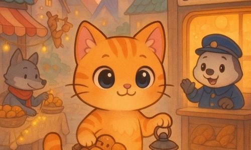Un motan chibi portocaliu cu dungi, mustăți ondulate și ochi mari curioși, ține în labe o cutie cu curmale și un mic felinar arămiu cu geam albastru care luminează blând; un felinar vorbitor, rotund, metal învechit, pare să șoptească idei. În plan secund, un polițist-bursuc chibi în uniformă, zâmbitor, salută lângă o brutărie cu ferestre luminate; alți personaje: un lup chibi elegant cu eșarfă roșie aranjează ghirlande și câteva veverițe jucăușe atârnă beteală la tarabă. Loc: o stradă de bazar la apus cu case cu acoperișuri colorate, felinare agățate și tarabe cu curmale și pâine; atmosfera e liniștită, așteptătoare, în culori pastelate și detalii cosy.