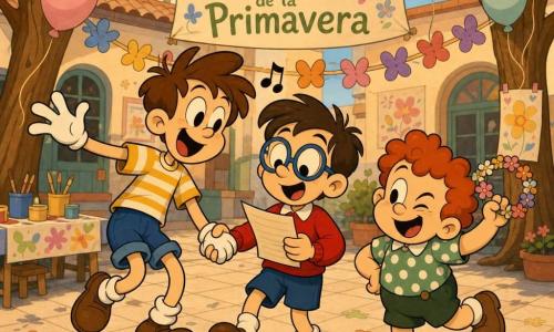 Tres niños de unos 7 años en el patio escolar decorado: Tomás, alto para su edad, pelo castaño despeinado, camiseta amarilla a rayas blancas y pantalón corto azul, sonriente, a la izquierda; Lucas, de estatura media, gafas redondas azules, suéter rojo, sostiene una hoja con la canción, tímido pero contento, en el centro; Martín, bajito y regordete, pelo rizado rojo, camisa verde de lunares, guiña un ojo y sostiene una pequeña corona de flores, a la derecha. Están cantando y practicando una danza sencilla bajo globos pastel y banderines entre dos árboles, con risas y gestos alegres; al fondo mesa con botes de pintura y un cartel pintado a mano «Fiesta de la Primavera». Ambiente de final de tarde, colores cálidos, estilo cartoon retro con siluetas redondeadas y contornos negros gruesos.