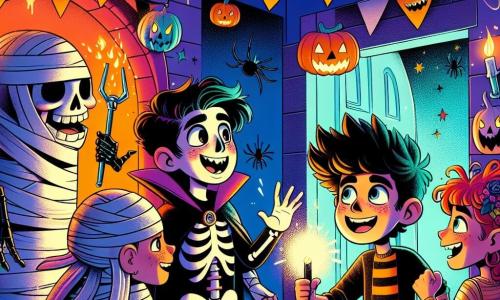 Un ragazzo di 10 anni, Diego, si trova al centro della scena, vestito con un costume da scheletro fluorescente che brilla al buio. Il suo viso è illuminato da un ampio sorriso di eccitazione e i suoi occhi brillano di curiosità. Accanto a lui, la sua migliore amica Marta, una ragazza di 10 anni con capelli rossi in disordine, è travestita da mummia, i suoi bendaggi fluttuano mentre ride gioiosamente. Samir, un ragazzo di 10 anni con un costume da vampiro, si trova un po' in disparte, i suoi denti di plastica bianchi brillano sotto la luce, pronto a fare uno scherzo. Il decor è un'aula trasformata per Halloween, decorata con ragnatele di carta nera e zucche sorridenti. Ghirlande di fantasmi di carta pendono dal soffitto e candele tremolanti proiettano ombre danzanti sulle pareti. La situazione principale mostra Diego, Marta e Samir che scoprono una porta segreta che si apre su un labirinto misterioso, i loro volti illuminati dalla luce di una torcia, pieni di meraviglia e anticipazione.