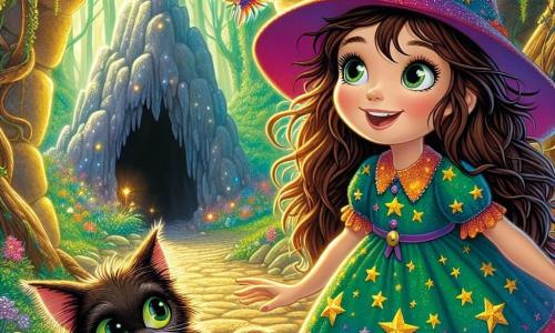 Una ragazza di 10 anni, Mia, con lunghi capelli castani in disordine e occhi brillanti di curiosità, si trova davanti a una caverna misteriosa. Indossa un vestito colorato decorato con motivi di piccole stelle e un cappello a punta leggermente inclinato. Il suo viso esprime una gioia determinata, mescolata a eccitazione e apprensione. Accanto a lei, un piccolo gatto nero di nome Goffredo, con occhi verdi brillanti, osserva la caverna con aria intrigata, seduto sulle zampe posteriori. Un uccello dalle piume arcobaleno, Tillo, vola appena sopra Mia, le sue ali vibranti illuminano l'aria intorno a loro. La scena si svolge all'ingresso di una caverna buia, circondata da grandi pietre scintillanti e liane verdi. La luce del sole filtra attraverso gli alberi, creando ombre danzanti sul terreno. Con un sorriso audace, Mia si prepara a entrare nella caverna per risvegliare un drago sbadato, un compito che sembra sia spaventoso che emozionante.
