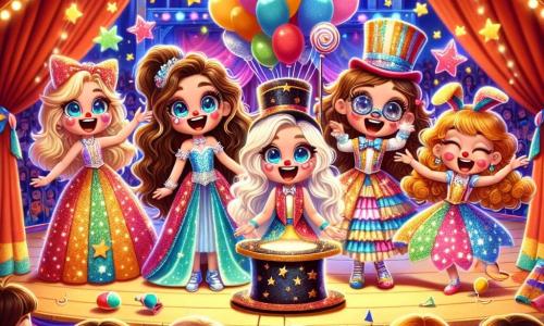 Al centro dell'immagine, quattro ragazze di nove anni, Giulia, Sofia, Martina e Chiara, sono riunite su un palco di un circo colorato. Giulia, con i lunghi capelli castani e un grande sorriso, indossa un costume da maghetta scintillante. Sofia, con capelli biondi e occhi vivaci, è vestita da clown con un naso rosso e un grande cappello. Martina, con i capelli ricci e gli occhiali, indossa un vestito colorato con stelle, mentre Chiara, con le trecce e un viso birichino, è vestita da coniglio. Si tengono in cerchio, ridendo e preparandosi a eseguire il loro numero di magia comica. Sullo sfondo, il grande tendone del circo è decorato con luci brillanti e festoni colorati, creando un'atmosfera festosa. I spettatori sono seduti su panche di legno, in attesa dello spettacolo, mentre palloncini fluttuano nell'aria. La scena principale mostra le quattro amiche mentre realizzano un numero di magia esilarante, in cui Giulia finge di far sparire un grande pallone dietro la schiena, mentre Sofia, con un gesto teatrale, lo fa riapparire sulla testa di un clown divertito. Le espressioni gioiose delle ragazze e degli spettatori catturano lo spirito della magia e delle risate al circo.