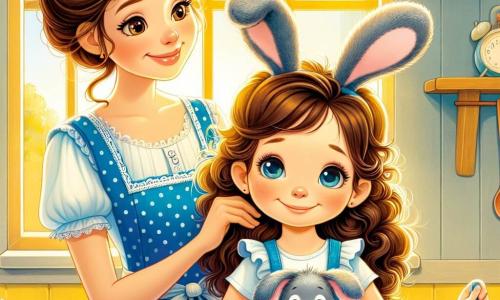 An 8-year-old girl with curly brown hair is wearing a blue dress with white polka dots. She has a big smile, but her eyes show a hint of sadness. She is holding a stuffed rabbit named Mr. Fluff, which has long, soft ears. Next to her, her mother, a woman in her thirties with brown hair tied in a bun, smiles tenderly while stroking her head. They are in a bright kitchen with yellow walls and a large window letting in sunlight, illuminating a wooden table with animal-shaped pancakes. The girl and her mother are preparing breakfast together, sharing a moment of closeness.
