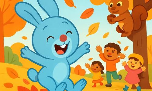 Milo, a small rabbit with soft blue fur and a round nose, joyfully jumps into a pile of colorful autumn leaves, sporting a big smile. Next to him, a brown squirrel with sparkling eyes searches for acorns, climbing a tree with a focused expression. A group of children in colorful clothes, laughing and playing, is a bit further away, throwing leaves into the air with radiant faces. The scene is set in a vibrant autumn park, with trees displaying orange, yellow, and red leaves, the ground covered in a crunchy leaf carpet, and a clear blue sky. The main focus shows Milo and his friends having fun jumping in the leaves, creating a shower of bright colors around them, filled with joy and energy.