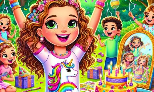 Uma menina de 10 anos, Marina, com cabelos castanho-cacheados e olhos cheios de curiosidade, está no centro da imagem, com um grande sorriso no rosto e os braços levantados em sinal de alegria. Ela usa uma camiseta rosa com um desenho de unicórnio e uma saia de bolinhas coloridas, cercada por balões flutuantes. À sua direita, sua melhor amiga Sofia, também de 10 anos, com cabelos longos e lisos presos em um rabo de cavalo, olha para Marina com um sorriso radiante, segurando um desenho colorido nas mãos. À esquerda, Tiago, um menino de 10 anos, com cabelos curtos e loiros, faz uma careta engraçada diante de um espelho, rindo alto. O cenário é um parque verdejante, cheio de flores vibrantes e árvores majestosas, sob um céu azul brilhante. Ao fundo, um grupo de crianças se diverte em torno de uma grande caixa colorida, enquanto um grande bolo decorado com confetes está em uma mesa de madeira. A cena representa o momento em que Marina e seus amigos descobrem uma caixa mágica cheia de desafios divertidos, todos expressando emoções de surpresa e alegria, prontos para compartilhar suas histórias e viver uma aventura inesquecível juntos.