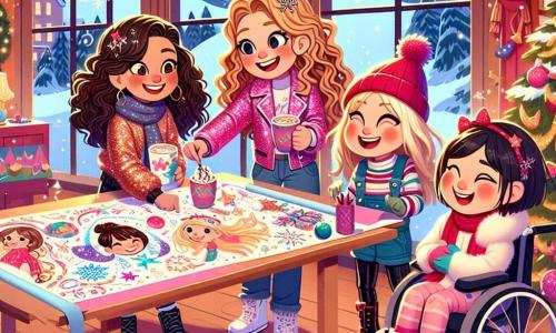 Vier blije meisjes van 8 tot 10 jaar staan in een warme, feestelijke kamer. Emma, een meisje met bruin, krullend haar, draagt een glanzende roze jas en glimlacht terwijl ze een kop warme chocolademelk vasthoudt. Rechts van haar staat Lotte, met gevlochten blond haar, die een rode muts draagt en enthousiast danst. Links is Sara, met kastanjebruin, steil haar, die versieringen op een grote kleurrijke poster plakt. Ten slotte is Noor, met zwart, kort haar, in haar mooie rolstoel, lachend en met een sneeuwbal in haar hand. De scène speelt zich af in een feestzaal versierd met glinsterende slingers en kleurrijke ballonnen, met een groot raam dat uitkijkt op besneeuwde bergen. Sneeuwvlokken vallen zachtjes naar beneden, wat een magische sfeer creëert. De meisjes bereiden een grote poster voor met hun voornemens voor het nieuwe jaar, omringd door lachen en muziek, klaar om samen het nieuwe jaar in te luiden met vreugde en vriendschap.