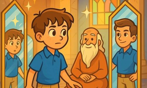 A 12-year-old boy named Lyle, with chestnut hair and curious sparkling eyes, stands in the center of an ancient temple surrounded by shimmering mirrors reflecting his amazed face. He wears a blue shirt and beige pants, and his expression is both intrigued and determined as he observes his reflection in a mirror showing a more confident version of himself. Nearby, an elderly sage with a long white beard and wise eyes sits cross-legged on a plush cushion, wearing a simple flowing robe and gently smiling at Lyle, encouraging him to explore his thoughts. The temple is majestic, featuring marble columns adorned with delicate patterns and soft light filtering through stained glass windows, casting vibrant colors on the stone floor. The main scene shows Lyle contemplating his reflection in a mirror, realizing he must confront his own truths to progress on his journey.