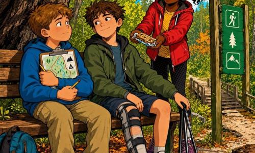 A 12-year-old boy with a round face, short light-brown hair and a calm, relieved expression sits on a wooden bench under a large oak, holding a clipboard and pencil to his chest; another roughly 12-year-old boy with a visible left leg brace, fair skin and messy brown hair smiles confidently beside him, gently setting a folding cane next to the bench; a 12-year-old girl with black hair in a ponytail and a bright red jacket stands slightly behind, offering a granola bar with a playful look and outstretched hands; the scene is a bright forest trail with orange leaves and visible roots, a cracked wooden bridge and a green trailhead sign in the background; the boys rest under the oak exchanging a calm, companionable moment, the clipboard showing a small trail map with clear symbols, in warm, saturated pop-art colors with sharp outlines.