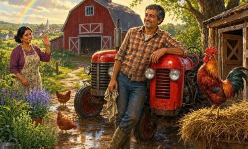 Thomas, a smiling, weathered man with short salt-and-pepper hair wearing an earth-toned plaid shirt and muddy boots, leans with one hand on the shiny red hood of an old tractor and holds an oiled rag in the other; nearby Mrs. Patel, about fifty, with a gentle smile and her hair in a bun, wearing a floral apron, stands by a bed of herbs waving to him; the rooster Piccolo, chest puffed, iridescent red-and-gold feathers, perches proudly on a straw pile near the coop while several russet hens peck at the wet ground around small shimmering puddles; the farmyard is muddy with a large red wooden barn, a plank henhouse with an ajar door, a shady oak to the right and a dirt path to the village; it is morning after rain with golden sunlight breaking through partly cloudy skies, a faint rainbow, a peaceful proud atmosphere, the scent of fresh earth and glints of light on the tractor and water on the feathers.