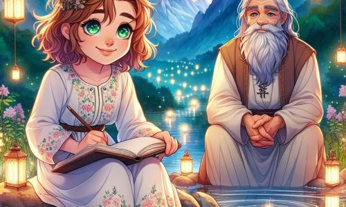 A 12-year-old girl, Elara, with large light brown curls and sparkling green eyes, is sitting by a crystal-clear lake, her reflection shimmering in the sunlight. She wears a light floral dress and holds an open notebook on her lap, her face lit up by a smile of wonder. Nearby, an old sage with silver hair and a bushy beard, dressed in a simple tunic, watches Elara kindly. He sits on a rock surrounded by floating lanterns that softly illuminate the scene. The enchanting lake is surrounded by majestic mountains and lush forests, where the colors of the sky blend with the water's reflections, creating a magical and peaceful atmosphere. The main situation shows Elara asking a profound question to the sage, seeking to understand the mysteries of life, while glimmers of light dance around them, symbolizing wisdom and the secrets of nature.