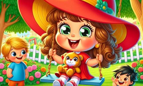 Una niña de 4 años, llamada Sofía, con grandes ojos brillantes y cabello rizado castaño, lleva un enorme sombrero rojo que le cubre los ojos. Sonríe con entusiasmo y determinación, abrazando a un oso de peluche llamado Momo. A su lado, un niño de 5 años, Tomás, con cabello rubio y una camiseta azul, se ríe al mirarla, mientras que una niña de 4 años, Lila, con cabello negro y un vestido rosa, aplaude con una gran sonrisa. La escena tiene lugar en un parque soleado, lleno de árboles verdes y flores coloridas. En el centro, hay un gran columpio brillante rodeado de hojas doradas caídas. Sofía está de pie en un pequeño banco, lista para saltar hacia el columpio, con una expresión de alegría y emoción en su rostro. Sus amigos la miran con admiración, creando una atmósfera de camaradería y aliento.