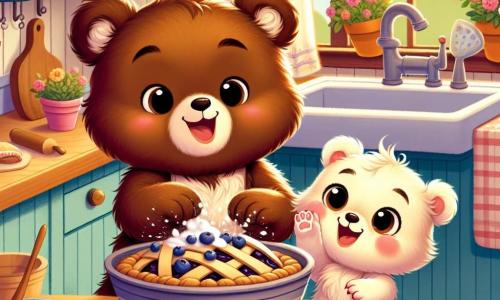 A little brown bear named Benny, with soft and shiny fur, stands in a cozy wooden kitchen, his face beaming with joy and excitement. He is mixing pie dough in a large bowl, flour floating around him. Next to him, his little sister Bella, a cub with sparkling eyes and cream-colored fur, laughs as she tries to catch blueberries rolling on the floor, her expression full of mischief and happiness. The kitchen is decorated with colorful jars, fresh flowers on the table, and a window letting in sunlight, creating a warm and inviting atmosphere. Benny and Bella are together making a blueberry pie for Father's Day, filled with enthusiasm and love.
