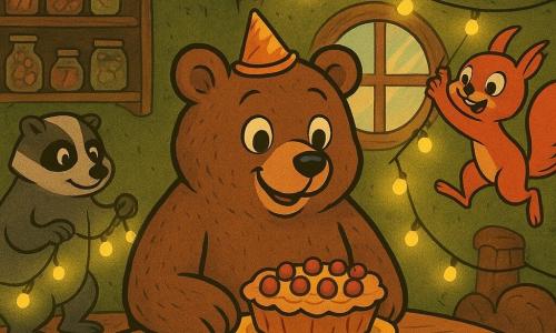 Een grote pluizige bruine beer (Bram) met textuurlijke vacht en ronde ogen zit in het midden bij een lage houten tafel, draagt een klein verfrommeld feesthoedje en houdt een stuk honingvlaai met twaalf bessen; links reikt een kleine grijze wasbeer met zwart masker (Mica) voorzichtig een rol fonkelende lichtslingers aan Bram; een vuurrode eekhoorn (Fiep) met pluimstaart springt en hangt een slinger aan het plafond, met een draad om een poot voor de humor; een gedrongen, harige das (Daan) zet een rondinstoel neer en lacht beschermend op de achtergrond links; een glanzende zwarte kraai (Kees) staat op een hoge plank en fluit bescheiden op een piepje; het decor is een warme holwoning met houten wanden, mos, volle planken en een ronde venster met zacht namiddaglicht, gouden lichtslingers en een kartonnen gouden badge op tafel — een gezellige, glinsterende verjaardagsviering met tedere gebaren, vriendelijke blikken en een retro cartoonstijl met zachte contouren en lichte papiertekstuur.