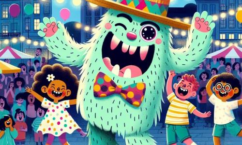 No centro da imagem, o monstro Bubu, um grande ser de pelos verde claro, com bocas rosas e um largo sorriso radiante, dança alegremente em um palco de madeira. Seus olhos brilhantes de felicidade mostram que ele está muito animado, e ele usa uma grande gravata borboleta colorida e um chapéu de palha gigante. À sua direita, uma menina de cerca de 8 anos, com cabelos cacheados e um vestido de bolinhas, ri alto enquanto levanta os braços, encantada com a performance de Bubu. À sua esquerda, um menino de 7 anos, com óculos redondos e uma camiseta listrada, tenta fazer movimentos de dança cômicos, rindo com os amigos. O cenário é uma grande praça animada da cidade de Riso Alegre, cheia de balões coloridos flutuando no céu azul, cercada por barracas de comida e famílias sorridentes. Fitas de luzes cintilantes estão penduradas nas árvores, criando uma atmosfera festiva. A cena principal mostra Bubu no palco, contando uma piada hilária para um público entusiasmado, enquanto as crianças dançam e riem ao seu redor, criando uma atmosfera alegre e cheia de vida.