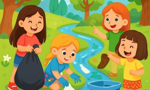 Es gibt vier Kinder: Mia, ein 7-jähriges Mädchen mit langen braunen Haaren, trägt ein pinkes T-Shirt und eine Jeansshorts. Sie lächelt fröhlich und hält einen großen Müllsack. Emma, ebenfalls 7 Jahre alt, hat blonde Zöpfe, trägt ein blaues T-Shirt und einen Blumenrock. Sie hockt und sammelt mit Handschuhen Müll auf. Lena, 7 Jahre alt mit roten Haaren, trägt ein grünes T-Shirt und beige Hosen. Sie steht und zeigt begeistert auf einen Fisch im Bach. Sara, 7 Jahre alt mit kastanienbraunen Haaren, trägt ein gelbes T-Shirt und gepunktete Shorts. Sie lacht und hält einen alten Schuh, den sie gefunden hat. Die Szene spielt in einem kleinen, grünen Park mit einem klaren, wenn auch teilweise verschmutzten, Bach, umgeben von bunten Bäumen und Wildblumen. Die vier Freundinnen reinigen den Bach, lachen und haben Spaß dabei, Müll aufzusammeln, was ihre Entschlossenheit zeigt, die Natur zu schützen.