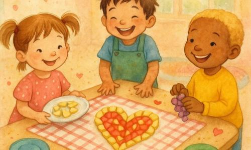 Drei Kinder, etwa 5 Jahre: Mia, hellbraune Zöpfe, rosa gepunktetes Kleid, hält auf dem vorderen, linken Platz einen Teller mit einem großen Herz aus Apfel‑ und Bananenscheiben; Leni, kurze blonde Haare, gelber Pullover und Jeans, sitzt rechts neben dem Herz, lächelt und hält eine Traube; Max, zerzauste braune Haare, blaues T‑Shirt und grüne Latzhose, steht hinter dem Tisch, lacht und hat noch etwas Sand an den Händen, beugt sich zum Frucht‑Herz. Hell erleuchteter Klassenraum mit großen Fenstern, pastellfarbenen Wänden, buntem Teppich im Hintergrund, heller Holztisch mit rotkariertem Tuch, bunte Teller, Plastikkmesser, vereinzelte Papierherzen und Pailletten. Szene warm und zärtlich: die Kinder teilen und präsentieren ein großes Herz aus Früchten, warme Farben (Rosa, Gelb, Rot) und weiche Aquarell‑Textur mit kleinen Farbspritzern für eine fröhliche Stimmung.