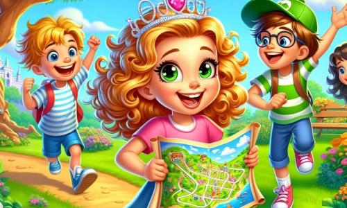 Una niña de 6 años, Clara, con cabello rizado y dorado, lleva una tiara de plástico brillante. Tiene una gran sonrisa alegre y ojos chispeantes de emoción, sosteniendo un misterioso mapa del tesoro en sus manos. A su lado, Lucas, un niño de 6 años con una gorra verde, corre con energía, riendo a carcajadas, mientras Sofía, una niña de 6 años con gafas y un libro bajo el brazo, mira el mapa con curiosidad. Mateo, un niño de 6 años con una camiseta a rayas, se queda un poco atrás, riendo y haciendo gestos cómicos. La escena tiene lugar en un parque soleado, lleno de flores coloridas y árboles majestuosos, con un gran árbol en el centro donde los niños se han reunido. Están rodeados de vegetación, y el cielo es de un azul brillante, salpicado de algunas nubes blancas y esponjosas. Los amigos descubren un tesoro escondido, una caja llena de chocolates, y están a punto de abrirla juntos, con sus rostros iluminados por la anticipación y la alegría.
